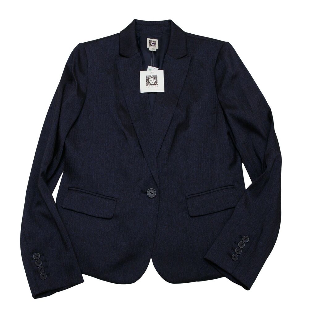 Anne Klein Size 10 Navy Blue Herringbone Twill One Button Blazer Notch Collar - Picture 3 of 12